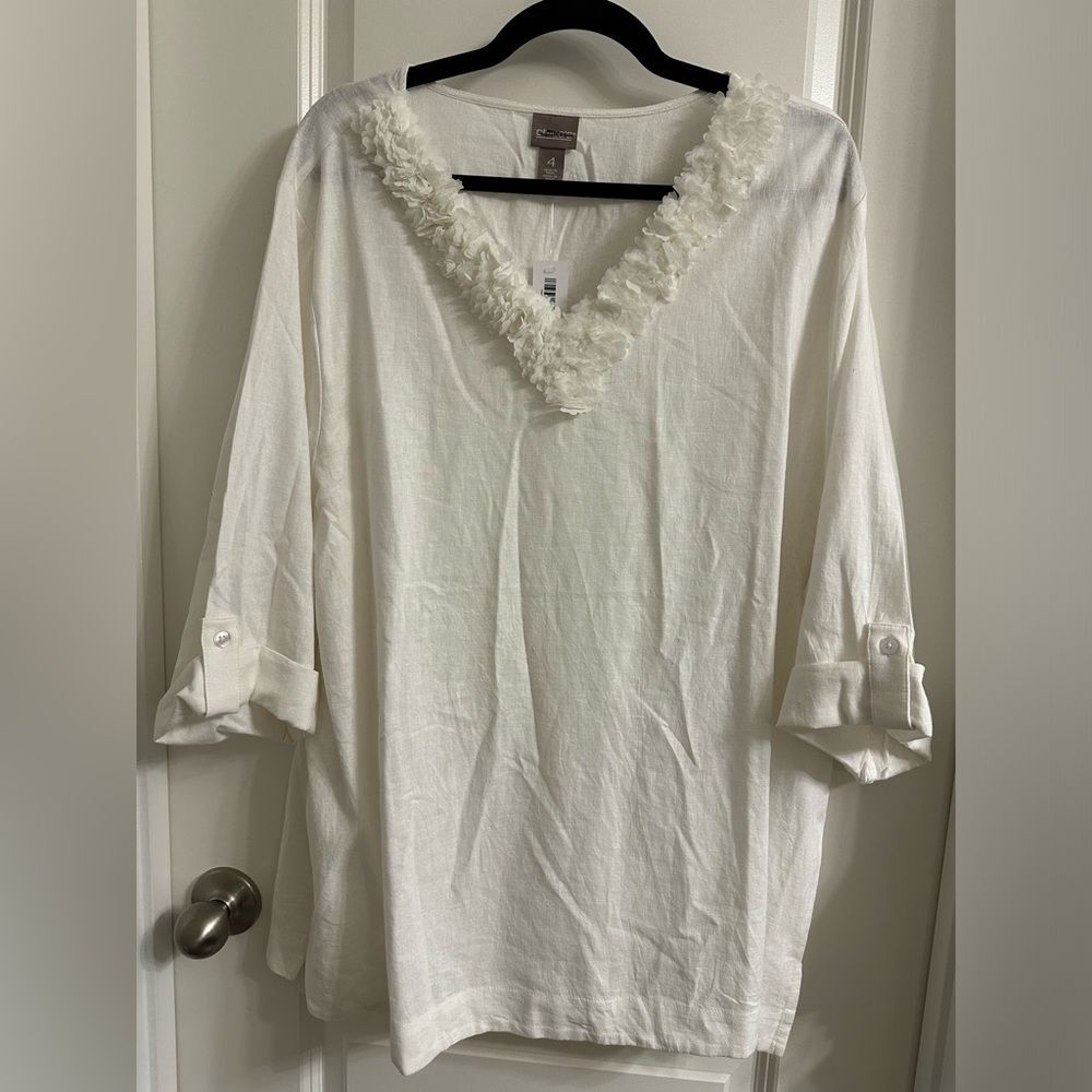Chico’s Linen Floral Trim Popover Blouse SZ 4 V Neck Pullover 3/4 Sleeve Beige